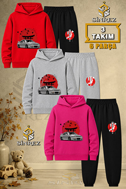 SİNREZ Children's Unisex 3Lu Set Tky Car Red Circle Printed Hooded Tracksuit Set