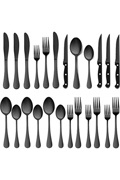GENERAL E-far 24-Piece Black Silverware Set with Steak Knives, Stainless Stee...