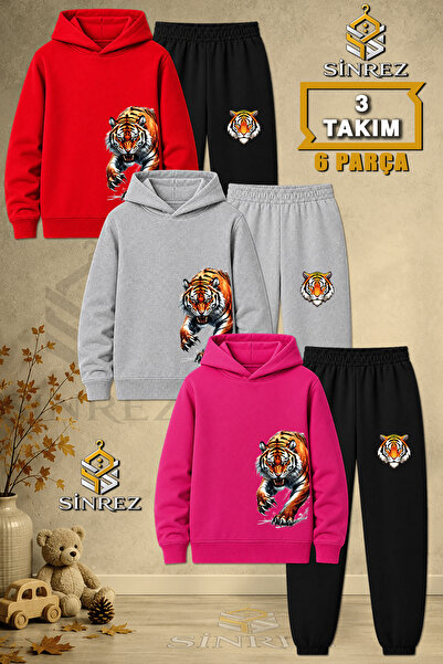 SİNREZ Children's Unisex 3Lu Set Tiger Pence Side Printed Hooded Tracksuit Set