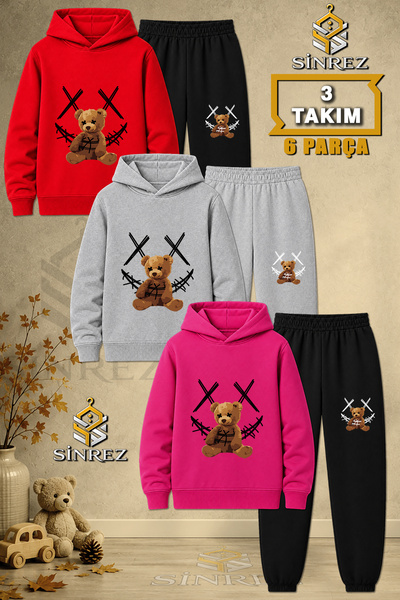 SİNREZ Children's Unisex 3Lu Set Teddy Bear Carpi Ip Black Printed Hooded Tra...