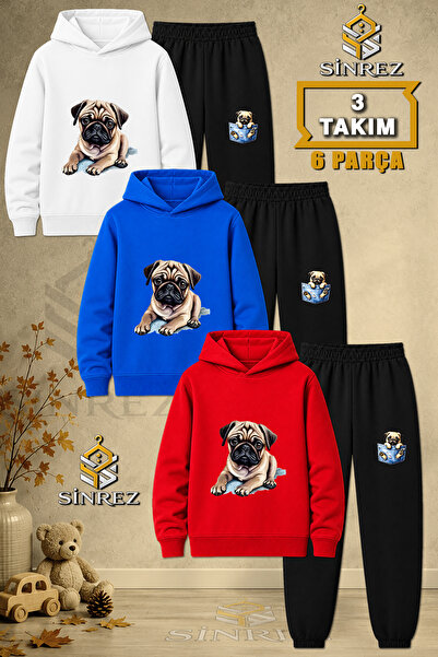 SİNREZ Children's Unisex 3Lu Set Dog Pug Printed Hooded Tracksuit Set