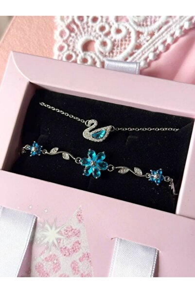 Heda Jewelry مجموعة مجوهرات الزهرة الزرقاء - طقم قلادة البجعة الزرقاء وسوار ا...