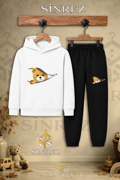 SİNREZ Children's Unisex Single Teddy Bear Printed Hooded Tracksuit Set with ...