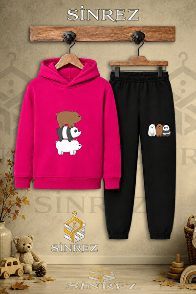 SİNREZ Children's Unisex Single Panda Back-To-Back Printed Hooded Tracksuit Set