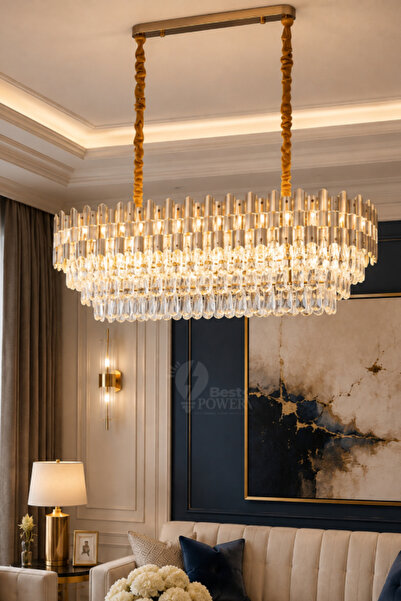 best power Hanging Chandelier with Crystal Details in Gold for a Striking App...
