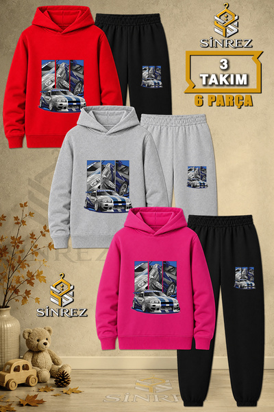 SİNREZ Children's Unisex 3Lu Set Car Mavigri Square Multi Printed Hooded Trac...