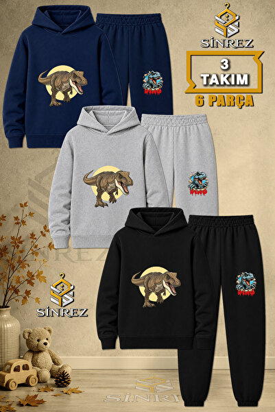 SİNREZ Children's Unisex 3Lu Set Dinosaur Brown Color Printed Hooded Tracksui...