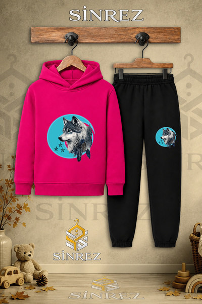 SİNREZ Children's Unisex Single Wolf Gray Turquoise Canvas Printed Hooded Tra...