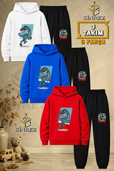 SİNREZ Children's Unisex 3Lu Set Dinosaur Turquoise Canvas Printed Hooded Tra...