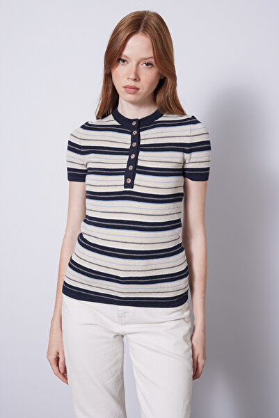 Nisan Striped Short Sleeve Knitwear Dark Blue