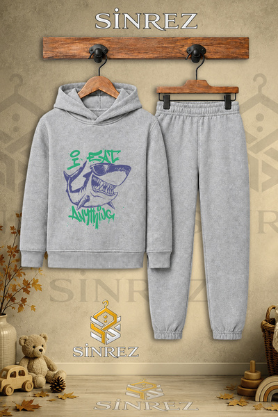 SİNREZ Children's Unisex Single Dog Fish Purple Green Text Printed Hooded Tra...