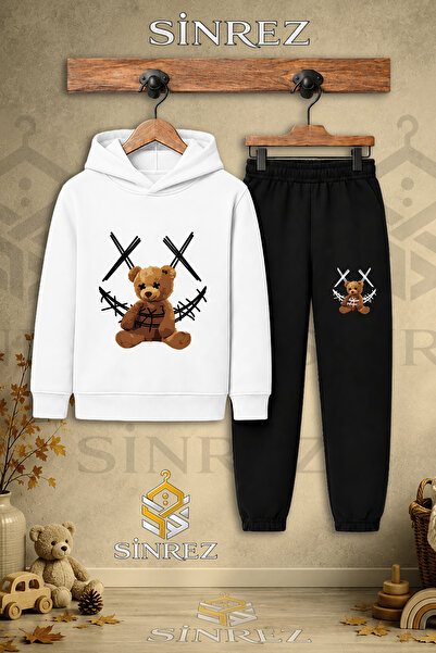 SİNREZ Children's Unisex Single Teddy Bear Carpi Rope Black Printed Hooded Tr...