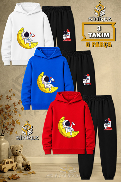 SİNREZ Children's Unisex 3Lu Set Astronaut Reaching for the Moon Printed Hood...