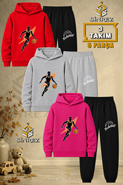 SİNREZ Children's Unisex 3Lu Set Basketball Player Black Orange Printed Hoode...