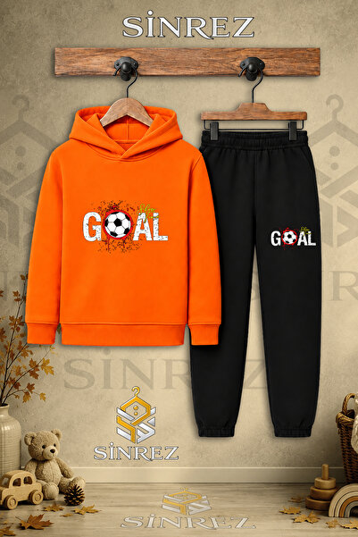 SİNREZ Children's Unisex Single Goal Top Stained Text Printed Hooded Tracksui...