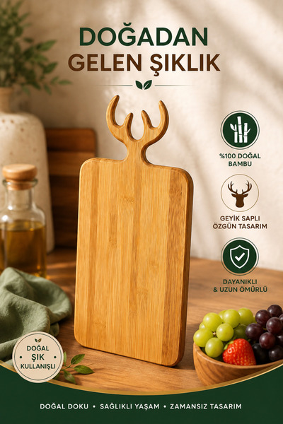 House Bird Bamboo Deer Handle Cutting Board Rectangular Natural Wood Presenta...