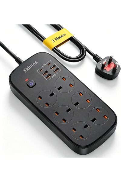 Xkimos شريط طاقة 12 في 1، سلك تمديد 10 أقدام، مقبس بريطاني ثلاثي الأسنان بقوة...