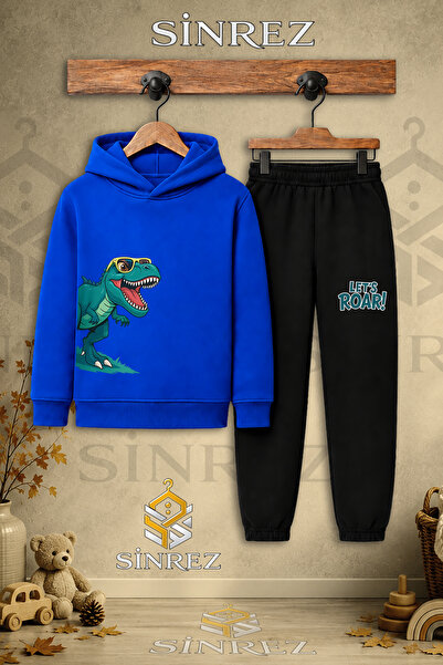 SİNREZ Children's Unisex Single Dinosaur Green Side Printed Hooded Tracksuit ...