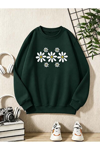 Trend Sizde Hanorac unisex cu imprimeu Daisy, cu gâtul tip crewneck