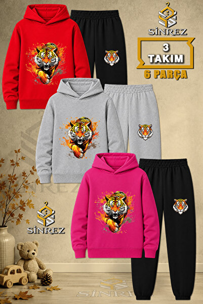 SİNREZ Children's Unisex 3Lu Set Kaplan Pence Onde Paint Printed Hooded Track...