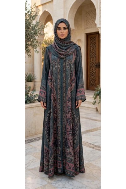 IKKXA Grand Paisley Motif Open Front Flared Abaya