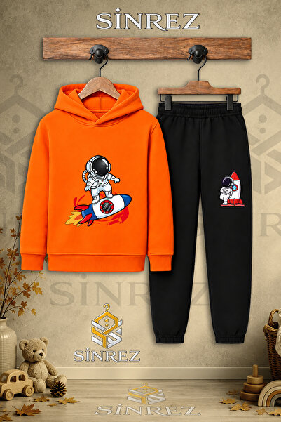 SİNREZ Children's Unisex Single Astronaut Shuttle Printed Hooded Tracksuit Set