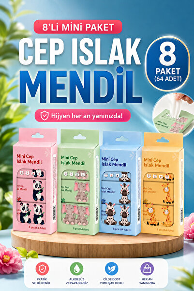House Bird 8'li Mini Cep Islak Mendil 64 Yaprak Taşınabilir Pratik Hijyen Set...