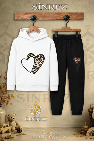 SİNREZ Children's Unisex Single Heart 2-Piece Bos Leopard Pattern Printed Hoo...