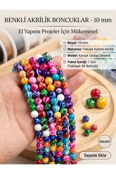 E.B EBRULİ BONCUK 10 mm Renkli Desenli Akrilik Boncuk (1 Dizi / Ortalama 44 A...