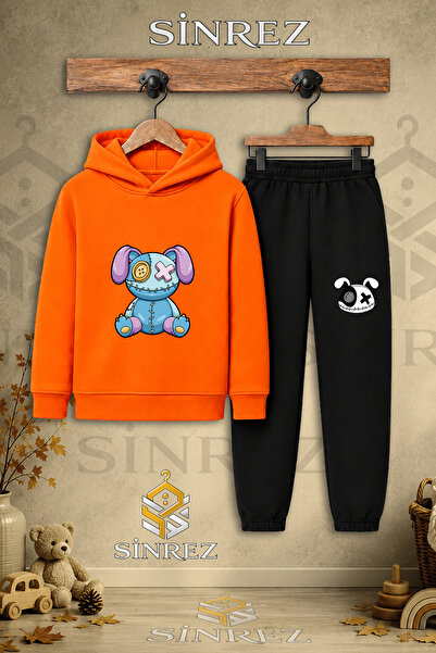 SİNREZ Children's Unisex Single Teddy Bear Patched Purple Blue Printed Hooded...