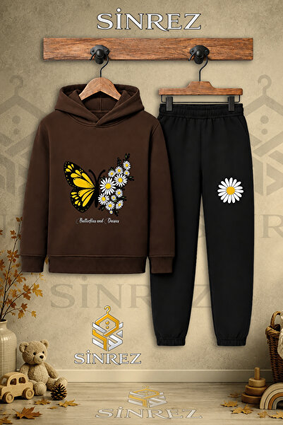 SİNREZ Children's Unisex Single Butterfly Wing Daisy Printed Hooded Tracksuit...