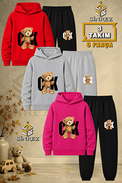 SİNREZ Children's Unisex 3Lu Set Teddy Bear Arrow Black Printed Hooded Tracks...