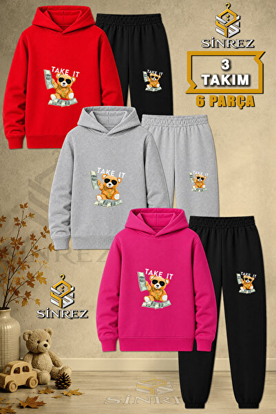 SİNREZ Children's Unisex 3Lu Set Ayicik Take It White Printed Hooded Tracksui...