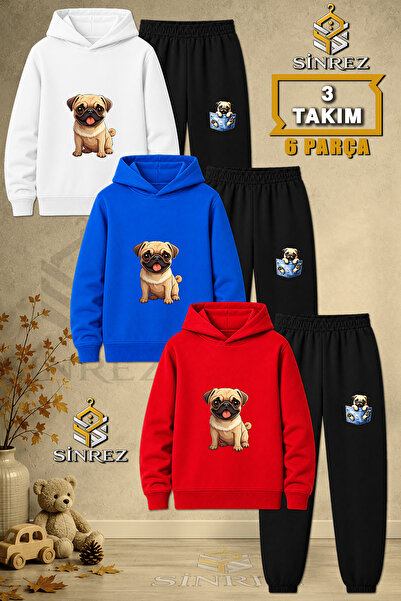 SİNREZ Children's Unisex 3Lu Set Dog Pug Tongue Out Printed Hooded Tracksuit Set