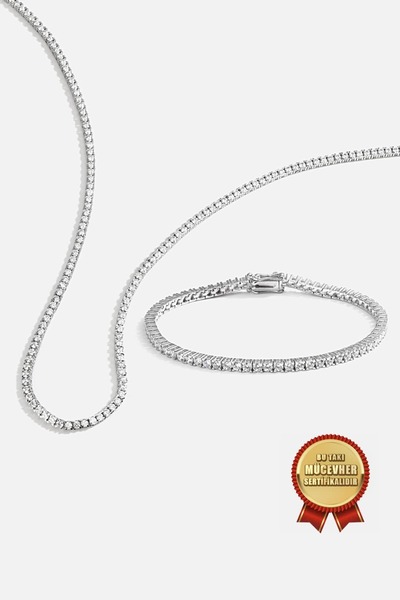 MEKS JEWELS 925 Ayar Gümüş Zirkon Taşlı Beyaz Altın Kaplama 2mm Su Yolu Set