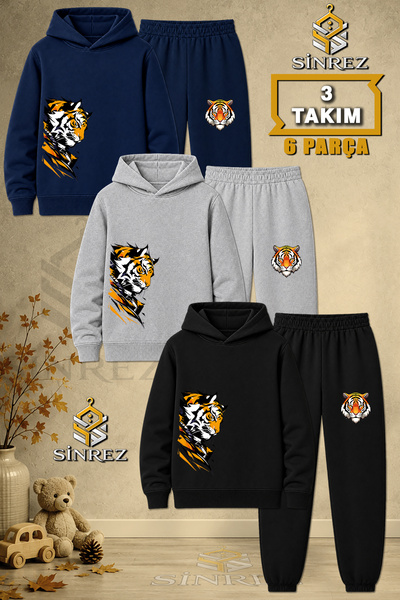 SİNREZ Children's Unisex 3Lu Set Tiger Printed Hooded Tracksuit Set with Righ...