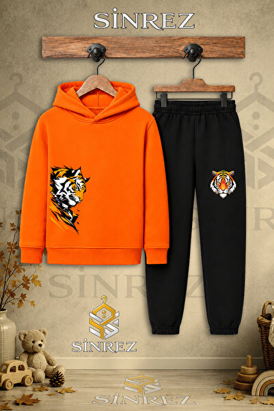 SİNREZ Children's Unisex Single Tiger Hooded Tracksuit Set with Sagging Print...