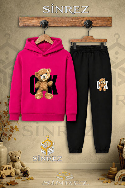 SİNREZ Children's Unisex Single Teddy Bear Arrow Black Printed Hooded Tracksu...