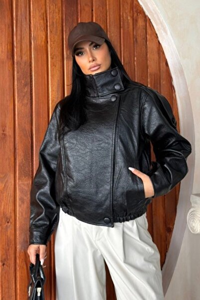 AKD Atelier Women's Leather Jacket Oversized Stand Collar Double Pockets Zipp...