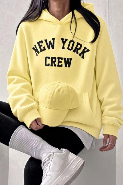 Oksit Sw Unisex Oversize "New York Crew" Printed Hooded Kangaroo Pocket Sweat...