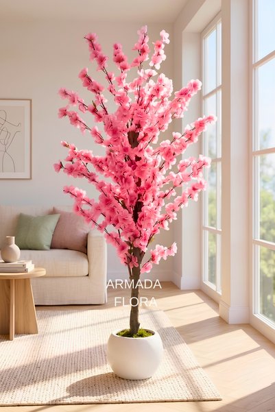 Armada Flora Premium 140 cm Yapay Pembe Bahar Dalı Ağacı - 27*33 Beyaz Küre S...