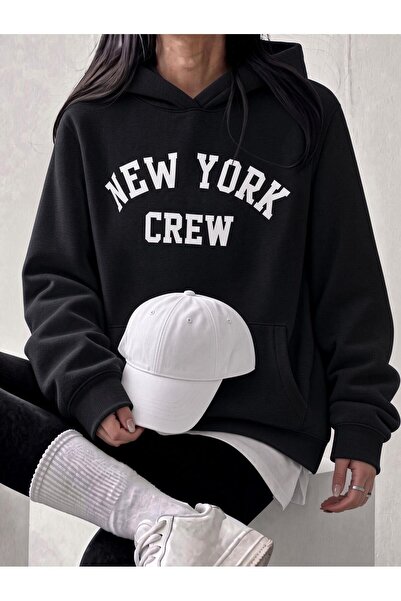 Oksit Sw Unisex Oversize "New York Crew" Printed Hooded Kangaroo Pocket Sweat...
