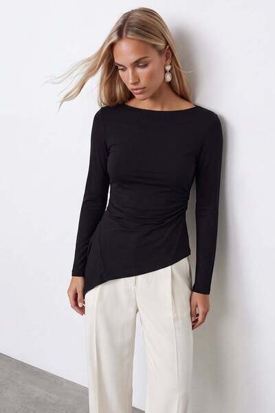 Trend Alaçatı Stili Women's Black Asymmetrical Long Sleeve Blouse Alc-X15679