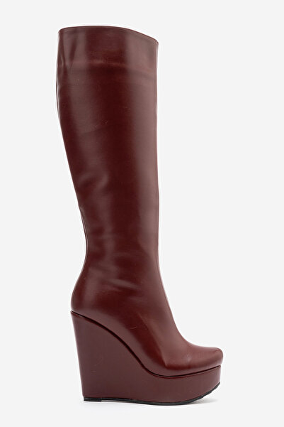 Ayakkabı Ateşi Cizme de damă cu toc cu pană de 12 cm, din piele burgundy, cu ...