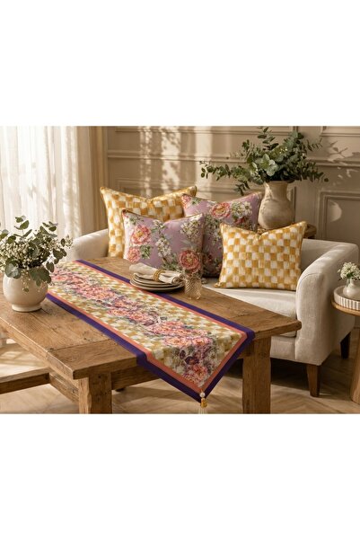 Purple Flowers Runner ve Kırlent Seti Özel Seri