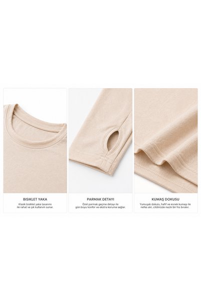 Yalçınoğlu Kids Women's Finger Detail Long Sleeve Body 100% Viscose Fabric Flexible Comfortable Fit Daily Stylish Basic Clothing Top