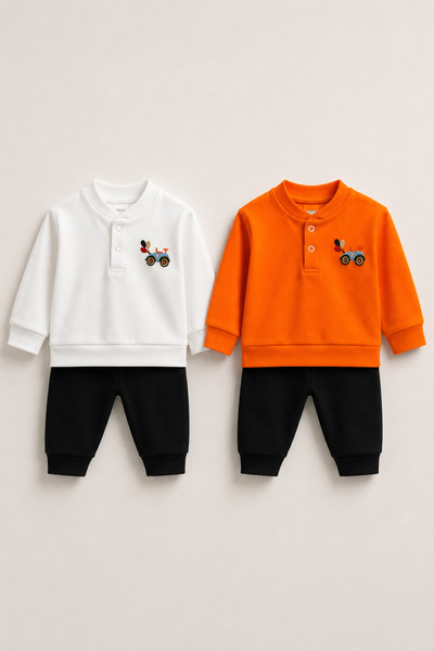 mini kanka 2 Pcs Baby Boy Tractor Embroidered Snap Collar Sweatshirt and Blac...