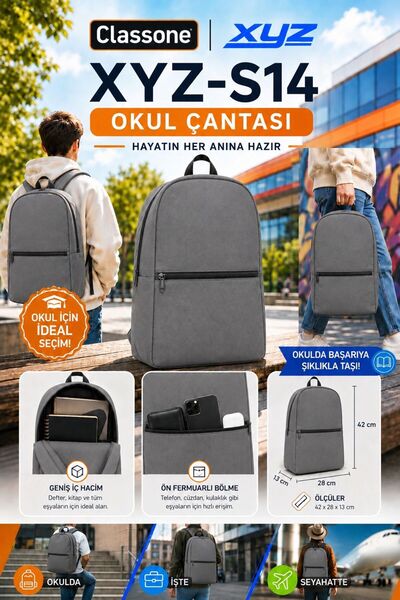 Classone XYZ S10 Eko Serisi XYZ-S14 Unisex, Okul, Sırt Çantası - Gri