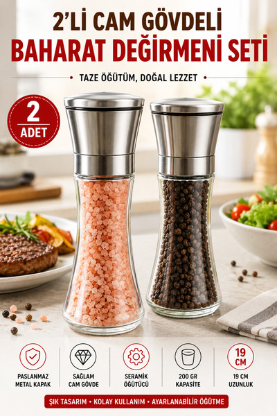 Open Home Concept Set of 2 Glass Body Spice Mill 19 cm Rock Salt and Pepper M...