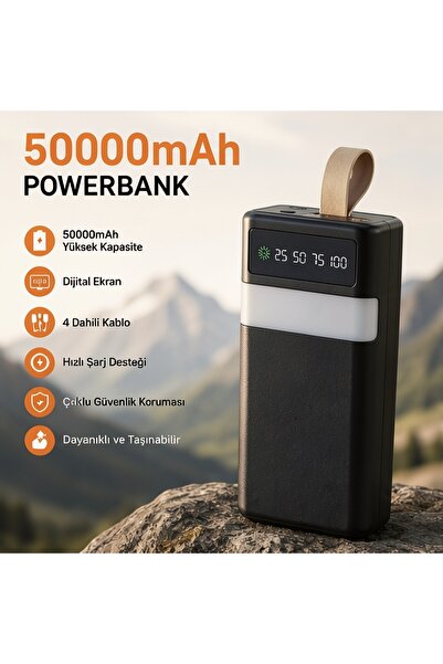 **50000mAh Güneş Enerjili Powerbank 20W PD Hızlı Şarj, 4 Dahili Kablo, Dijital Ekran, Solar Panel, USB-C, Micro USB, USB-A, Lightning, Taşınabilir Şarj Cihazı, Kamp, Seyahat, Outdoor**